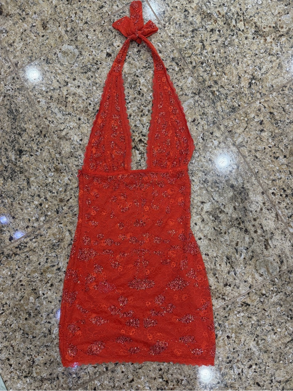 Red Lace Halter Mini Dress with Sequin Detail
